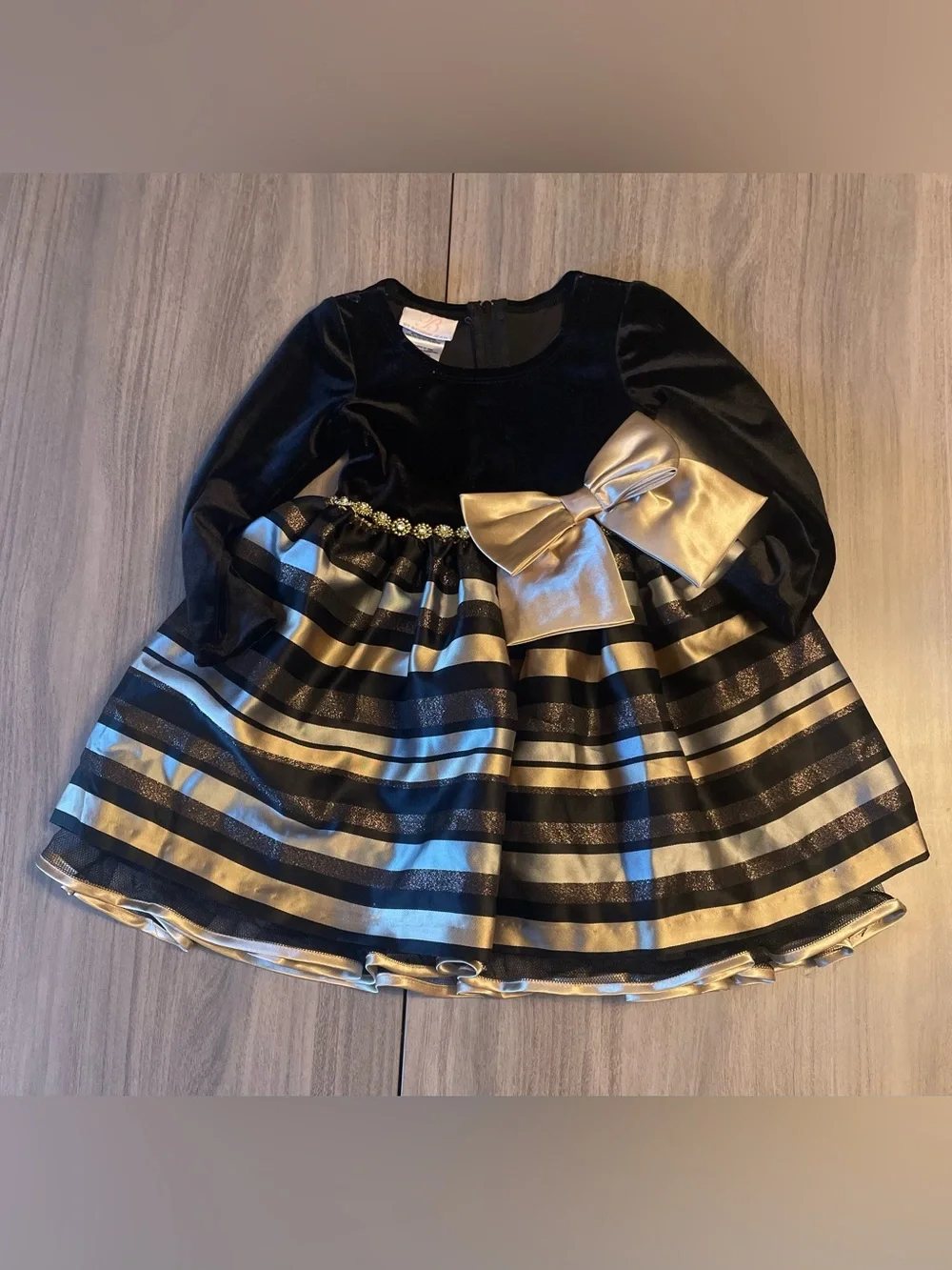 Bonnie Jean Toddler Girls Holiday Dress Black Velvet & Gold Metallic Stripes 2T